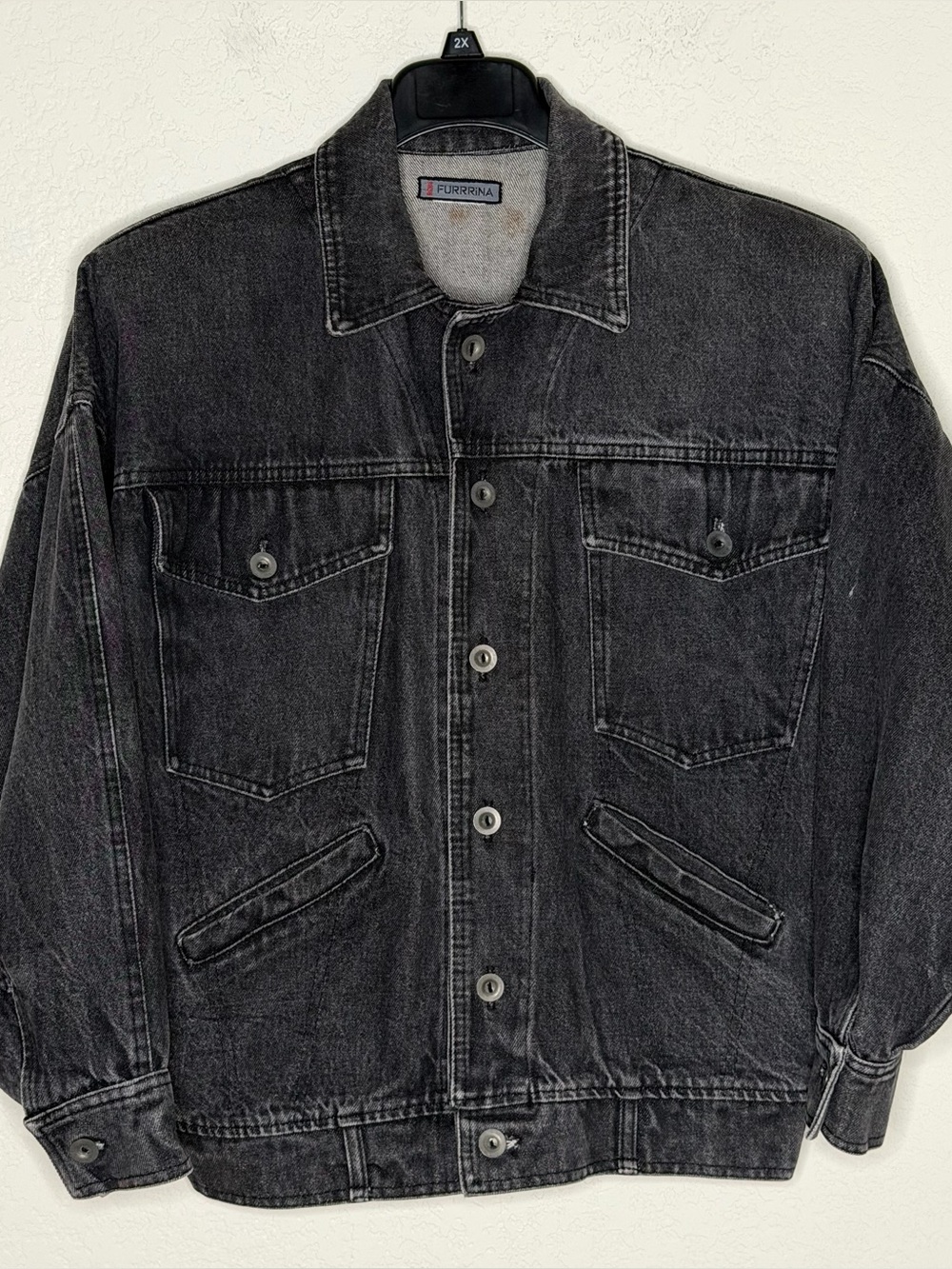 VTG 80’s Furrina Womans Black Denim Jean Jacket Cropped Shoulder Pads NYC Grunge